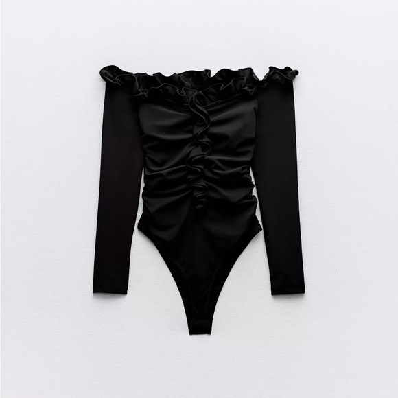 Zara Tops - Zara Off-Shoulder Black Ruffled Long-Sleeve Black Bodysuit, medium